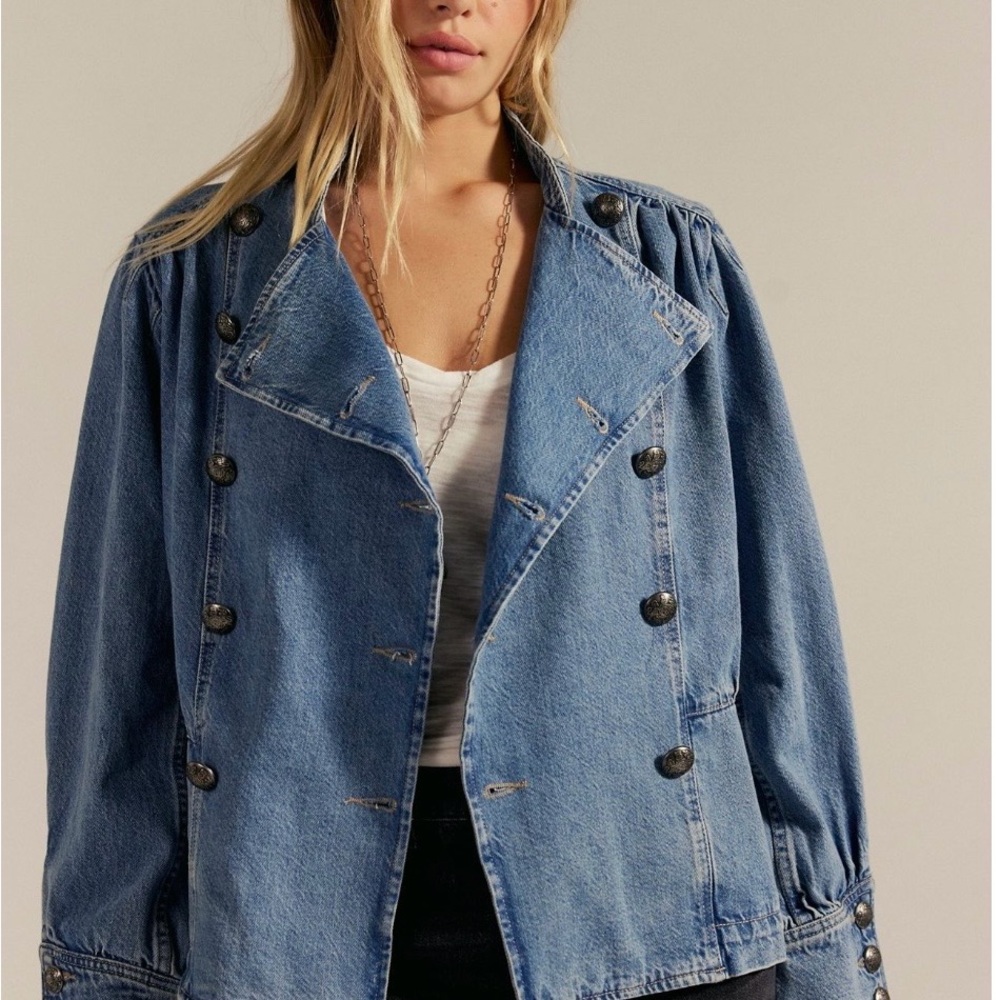 Free People Denim Double-Breasted Jacket